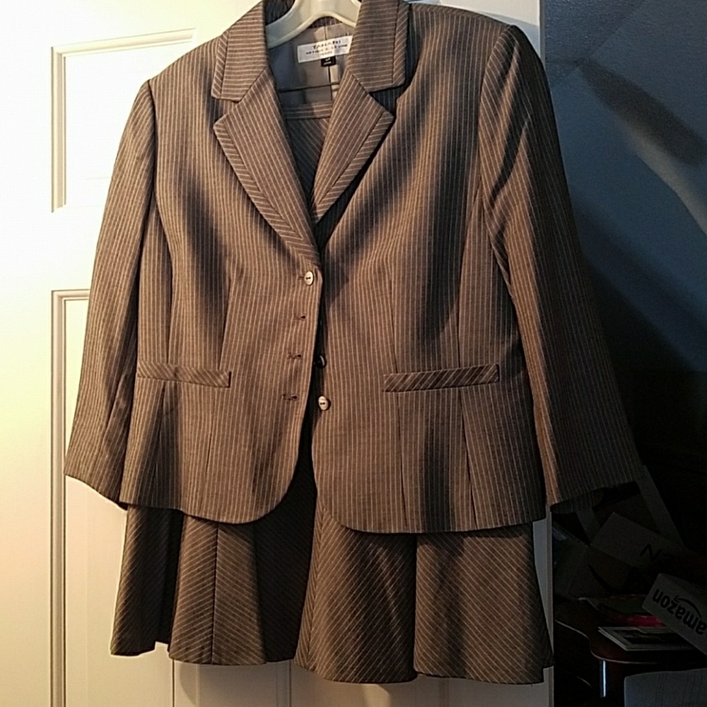 Grey pinstripe skirt suit